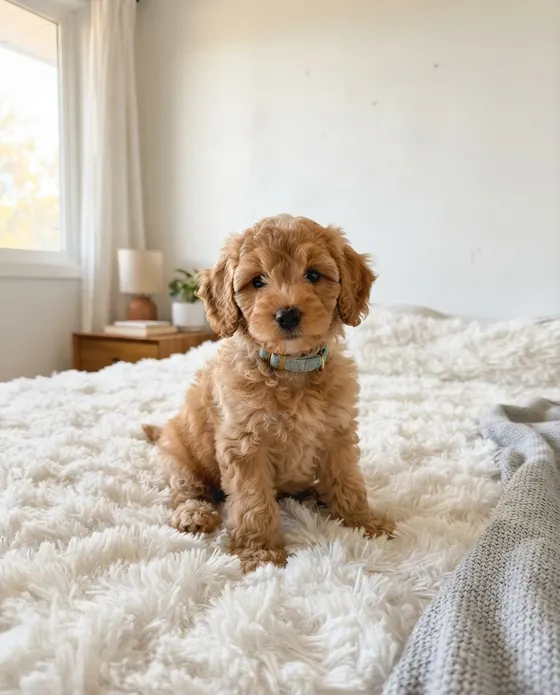 Tiny puppy sitting on a white comforter