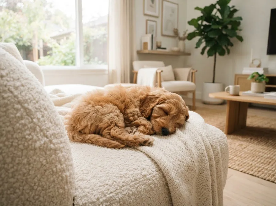Mini Goldendoodle puppy napping on a cream sofa