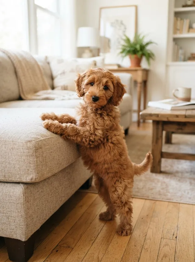 Curious puppy standing with paws on the couch