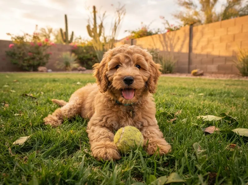 Puppy lying in green grass with a tennis ball