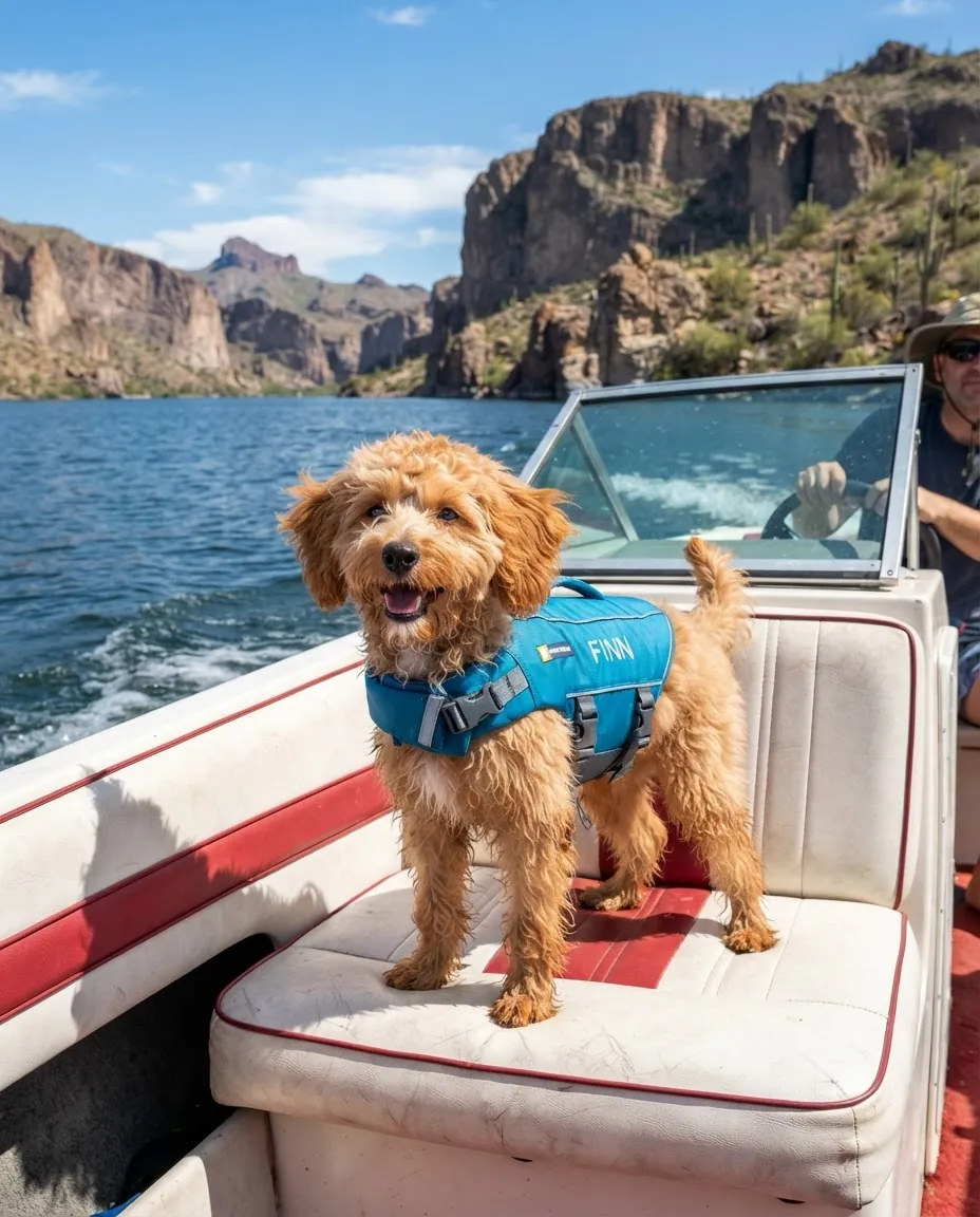 Goldendoodle in a life vest on a boat at an Arizona lake