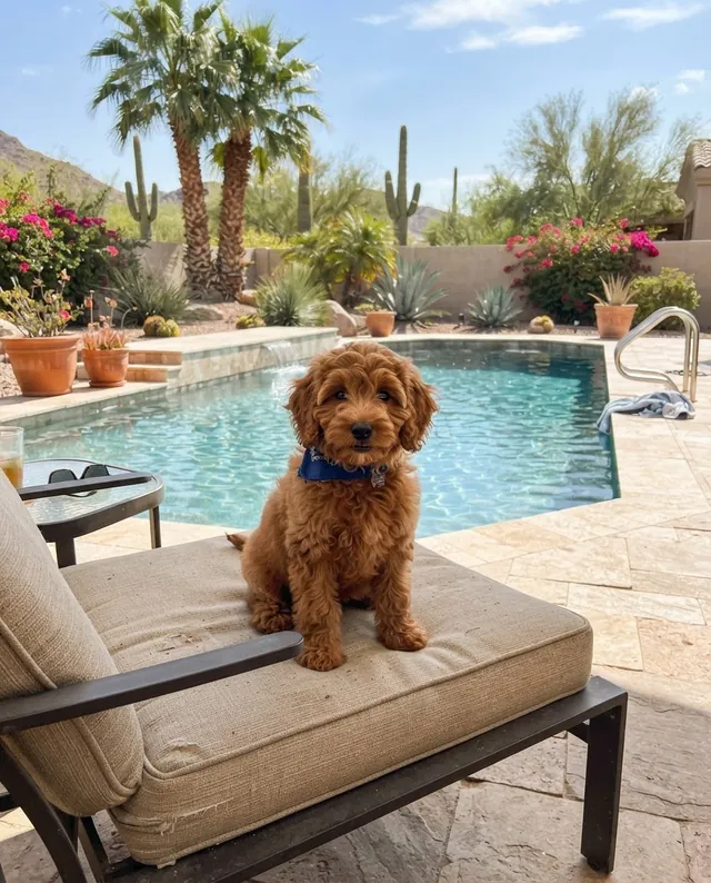 Puppy relaxing poolside on a patio