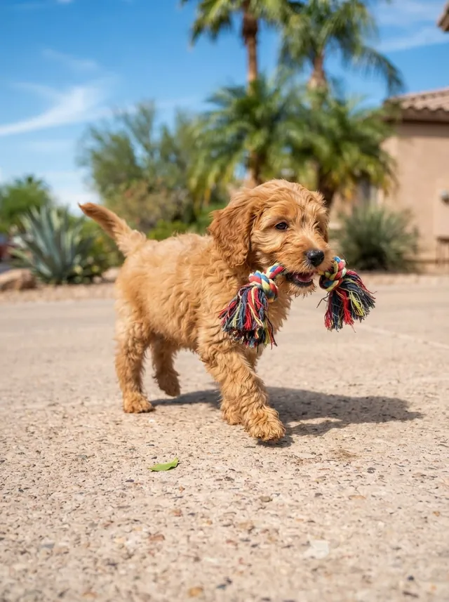 Puppy carrying a rope toy on a sunny driveway